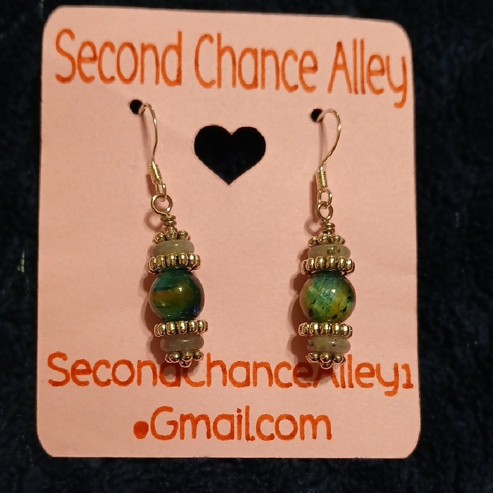Green and Silver Beaded Earrings